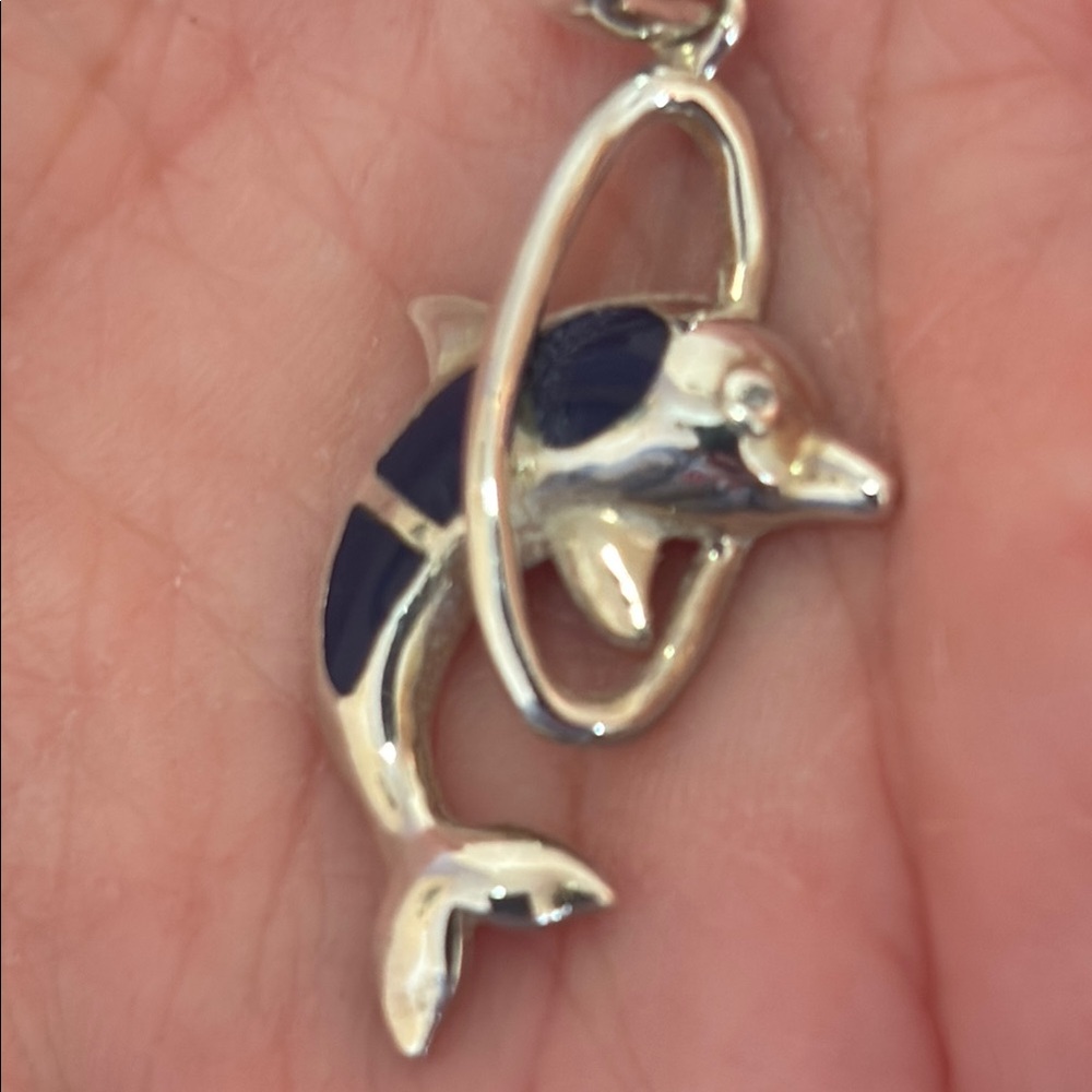 Sterling Silver and Genuine Lapis Jumping Dolphin Pendant - Picture 2 of 4